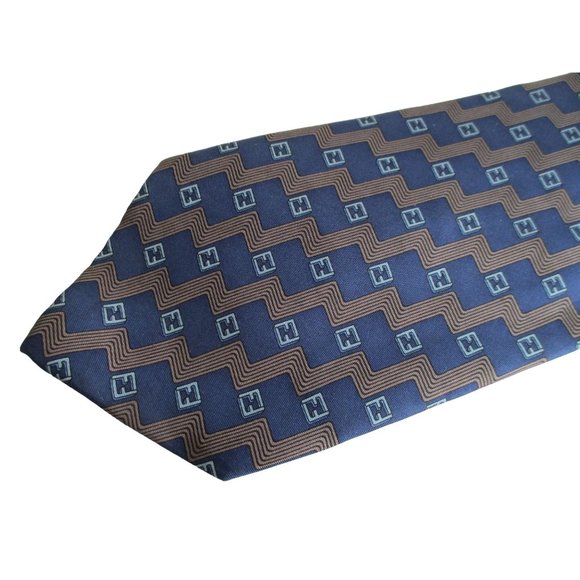 FENDI Navy and Gold Logo 100% Silk Necktie Cravatte - Made in Italy - Picture 4 of 6